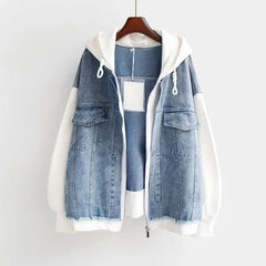 Women's Denim Jacket | Hooded Zip Closure Color Block Hybrid