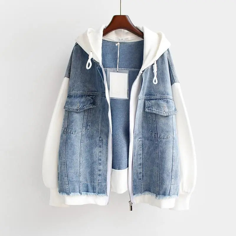 Women's Denim Jacket | Hooded Zip Closure Color Block Hybrid