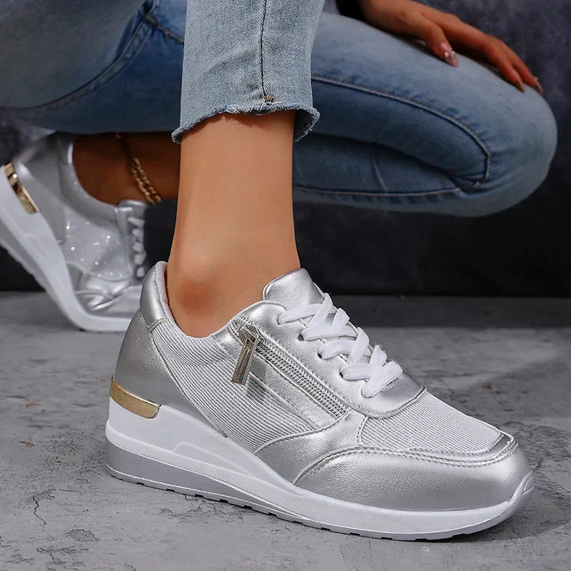 Women's Platform Sneakers | Metallic Upper Lace Closure Zipper