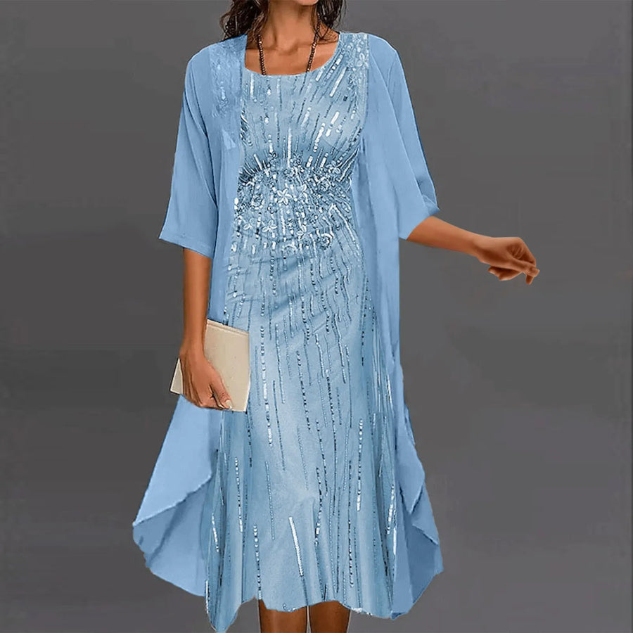 Women's Wedding Guest Dress | Midi Sequin Beaded Chiffon Overlay