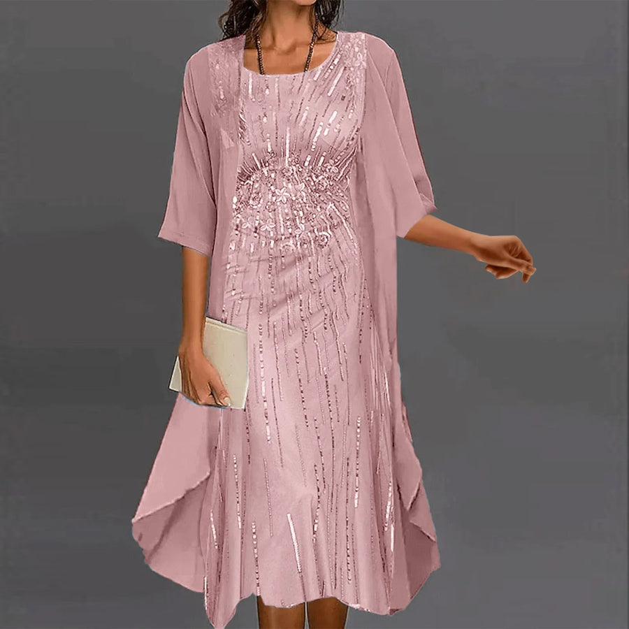 Women's Wedding Guest Dress | Midi Sequin Beaded Chiffon Overlay
