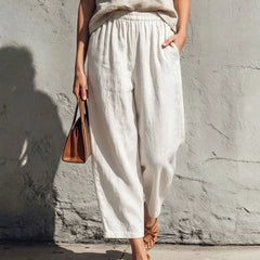 Women's Linen Pants | Wide Leg Relaxed Fit Elastic Waist