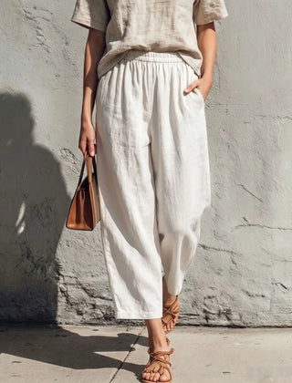 Women's Linen Pants | Wide Leg Relaxed Fit Elastic Waist