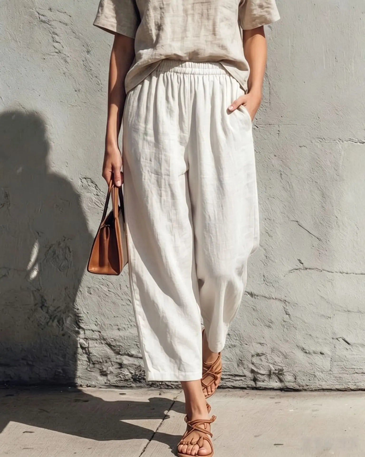 Women's Linen Pants | Wide Leg Relaxed Fit Elastic Waist