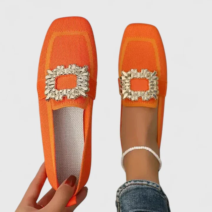 Women's Flats | Square Toe Jeweled Buckle Knit