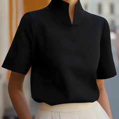 Women's Red Top | Stand Collar Short Sleeve Structured