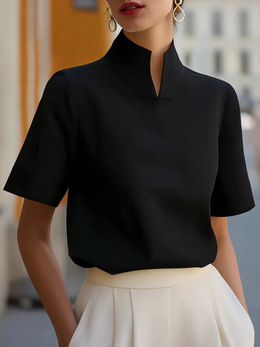 Women's Red Top | Stand Collar Short Sleeve Structured