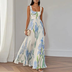 Women's Floral Maxi Dress | Square Neckline Sleeveless Pleated