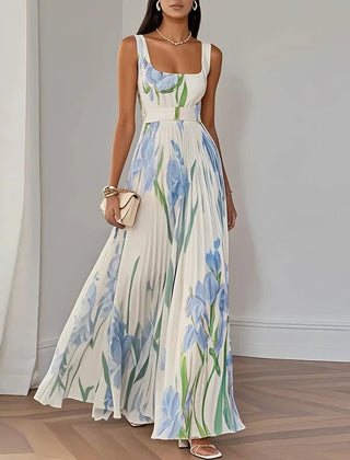 Women's Floral Maxi Dress | Square Neckline Sleeveless Pleated