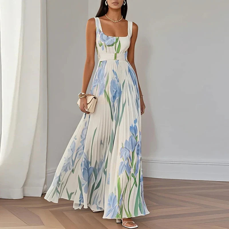 Women's Floral Maxi Dress | Square Neckline Sleeveless Pleated