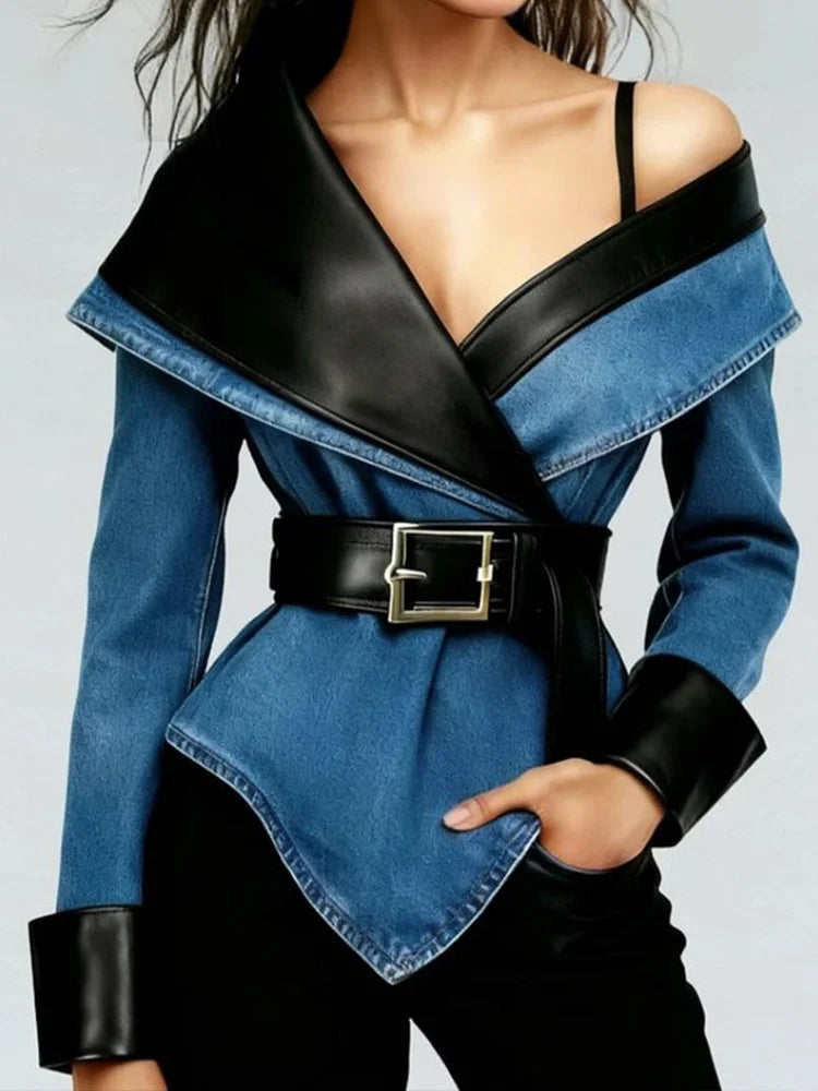 Women's Denim Jacket | Off-Shoulder Belted Structured Asymmetric