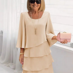 Women's Ruffle Dress | Midi Length Round Neckline Flutter Sleeves