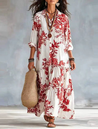 Women's Floral Maxi Dress | Button-Front Collar Maxi