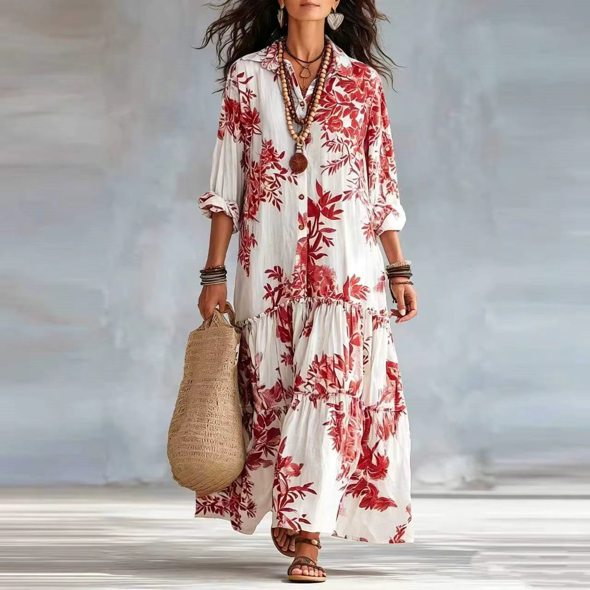 Women's Floral Maxi Dress | Button-Front Collar Maxi