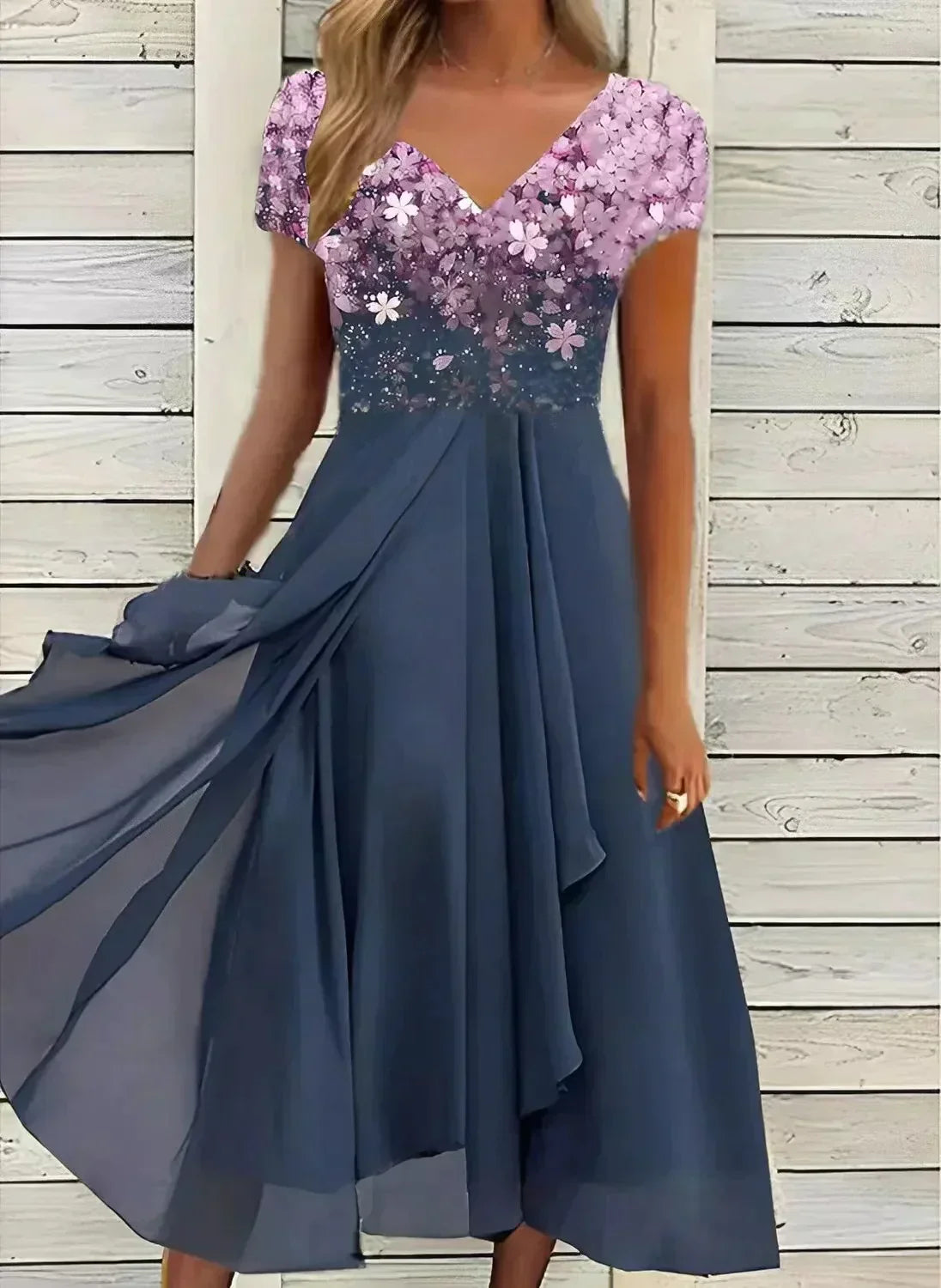 Women's Evening Dress | V-Neck Short Sleeve Sequin Midi