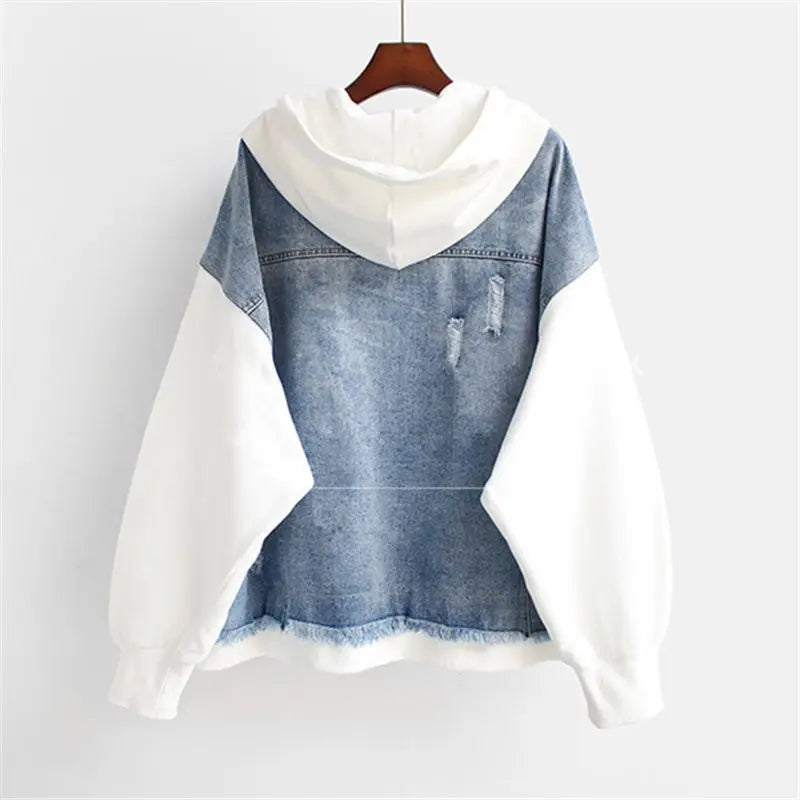 Women's Denim Jacket | Hooded Zip Closure Color Block Hybrid