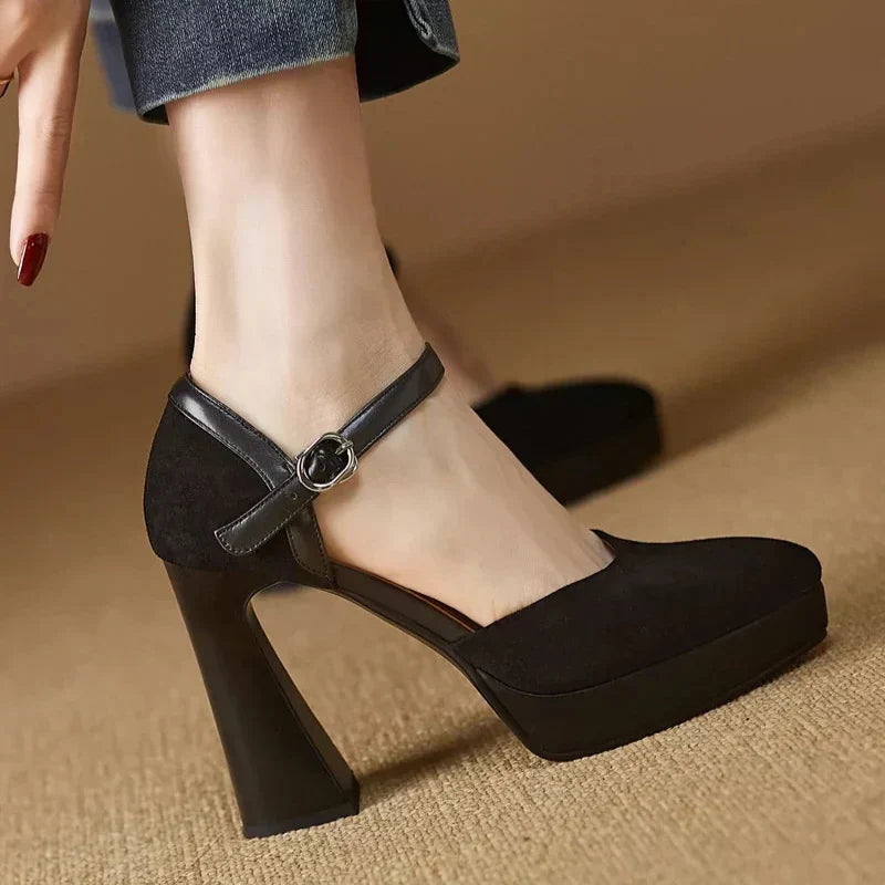 Women's Platform Heels | Rounded Toe Ankle Strap Buckle Block Heel