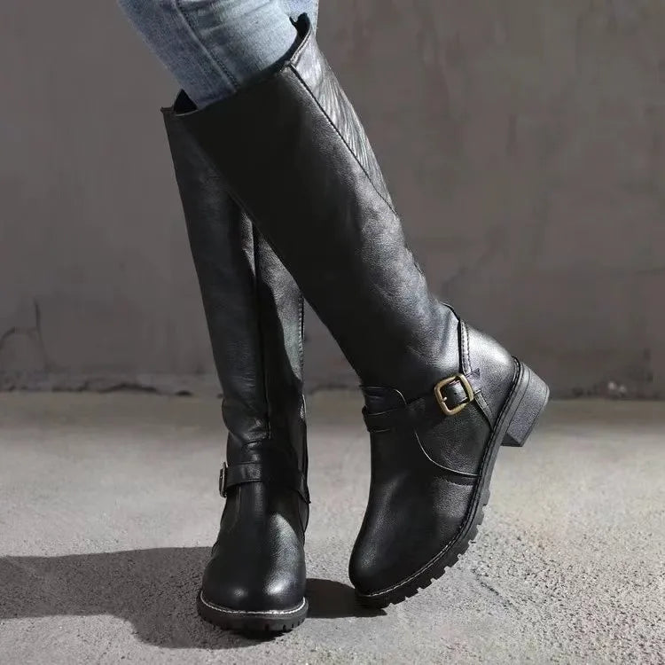 Women's Knee High Boots | Buckle Strap Lug Sole Leather