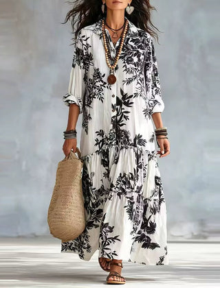 Women's Floral Maxi Dress | Button-Front Collar Maxi
