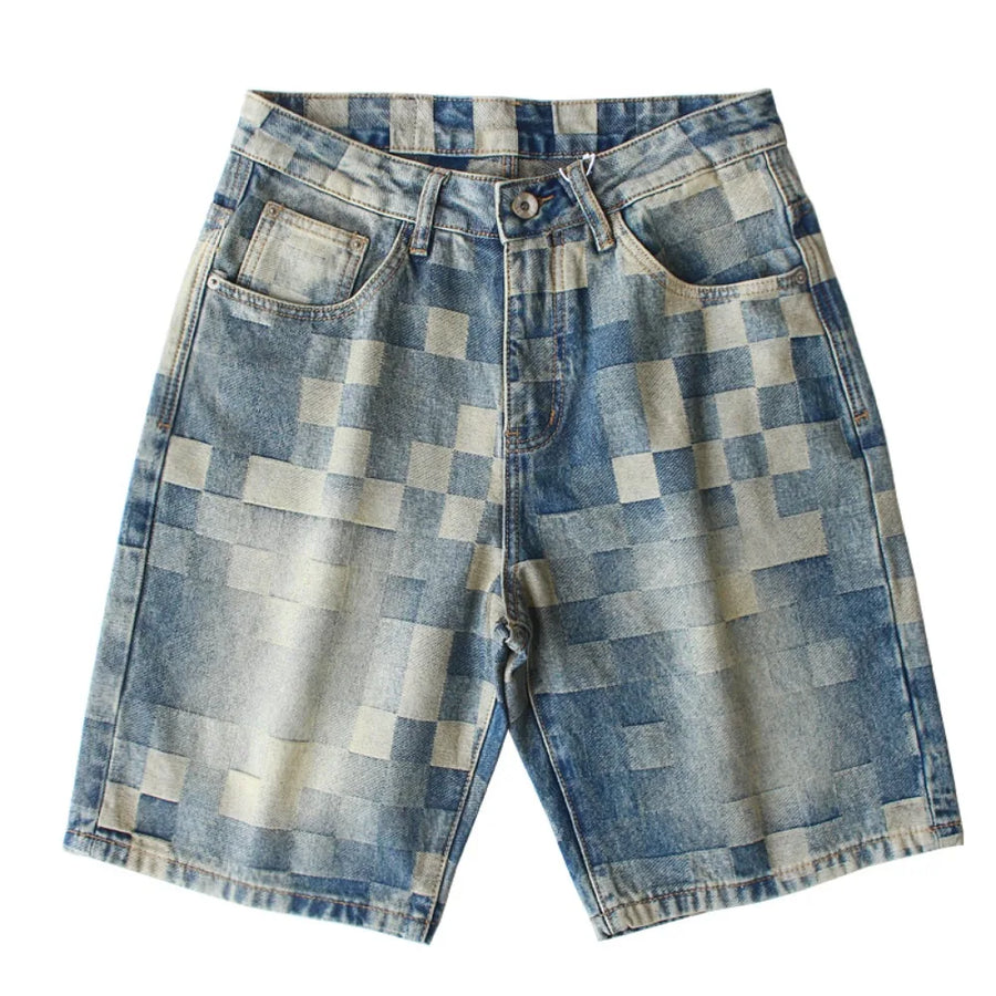 Men's Denim Shorts | Pixel Pattern Relaxed Fit Five Pocket