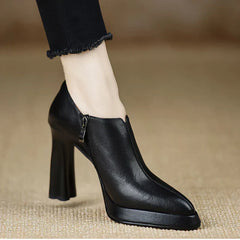 Women's Platform Heels | Leather Ankle Bootie Pointed Toe Zipper