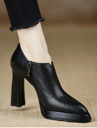 Women's Platform Heels | Leather Ankle Bootie Pointed Toe Zipper