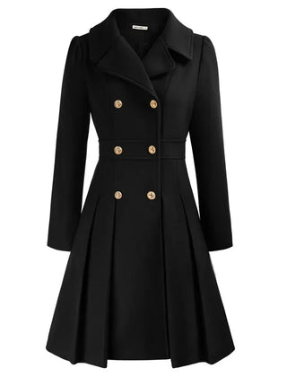 Women's Wool Coat | Double Breasted Notched Lapel A-Line Midi