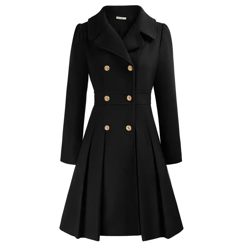 Women's Wool Coat | Double Breasted Notched Lapel A-Line Midi