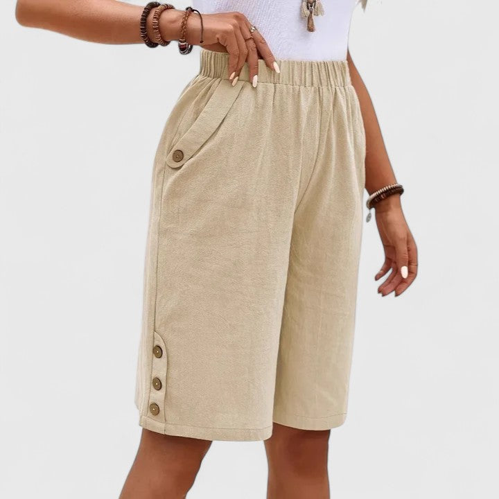 Women's White Linen Shorts | High-Rise Relaxed Leg Button Detail