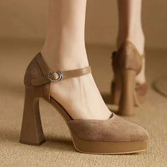 Women's Platform Heels | Rounded Toe Ankle Strap Buckle Block Heel