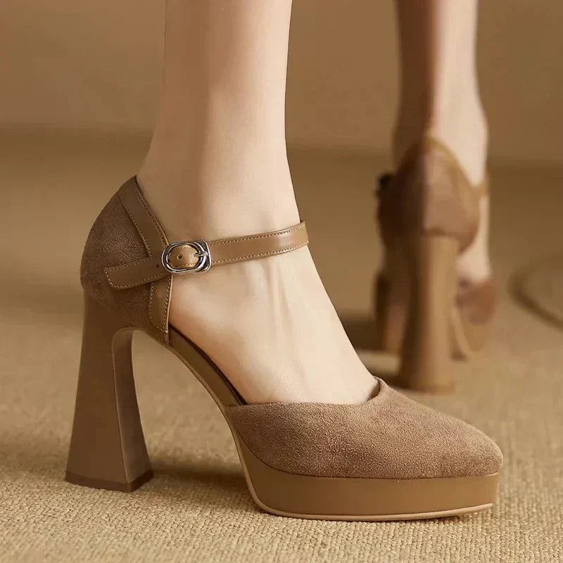 Women's Platform Heels | Rounded Toe Ankle Strap Buckle Block Heel