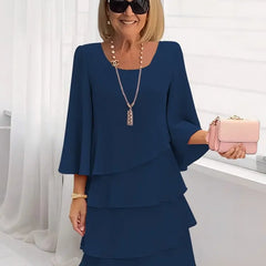 Women's Ruffle Dress | Midi Length Round Neckline Flutter Sleeves