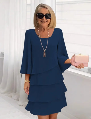 Women's Ruffle Dress | Midi Length Round Neckline Flutter Sleeves