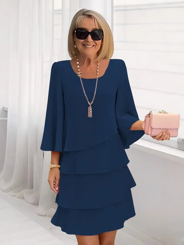 Women's Ruffle Dress | Midi Length Round Neckline Flutter Sleeves