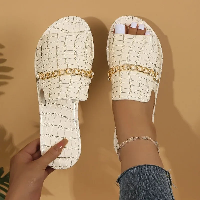 Women's Flip Flop | Open Toe Chain Detail Croc Print Sole