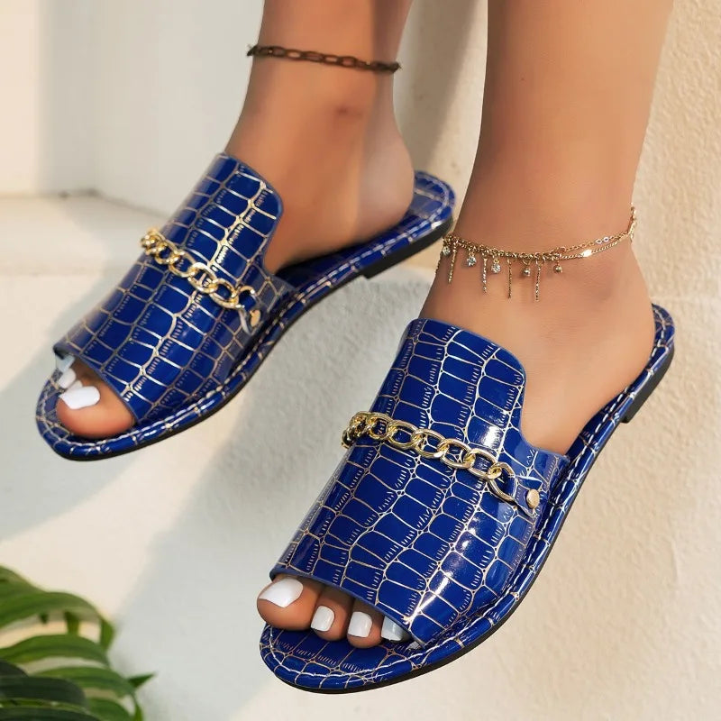 Women's Flip Flop | Open Toe Chain Detail Croc Print Sole