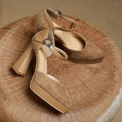 Women's Platform Heels | Rounded Toe Ankle Strap Buckle Block Heel