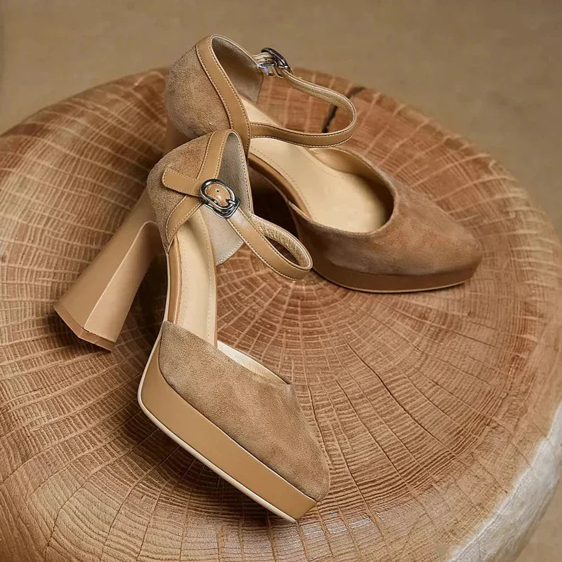 Women's Platform Heels | Rounded Toe Ankle Strap Buckle Block Heel
