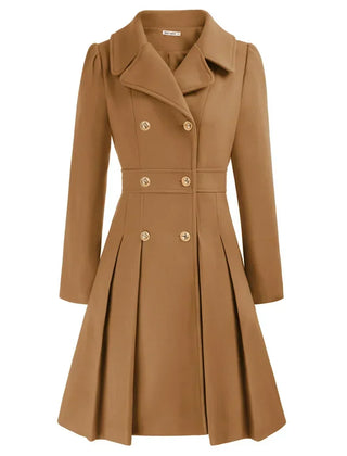 Women's Wool Coat | Double Breasted Notched Lapel A-Line Midi