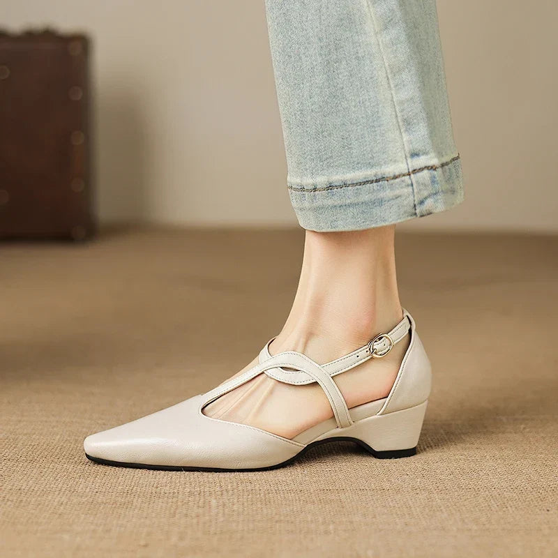 White Heels For Women | Pointed Toe Mary Jane Buckle Strap