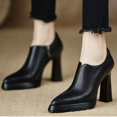 Women's Platform Heels | Leather Ankle Bootie Pointed Toe Zipper