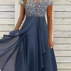 Women's Evening Dress | V-Neck Short Sleeve Sequin Midi