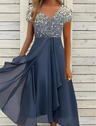 Women's Evening Dress | V-Neck Short Sleeve Sequin Midi