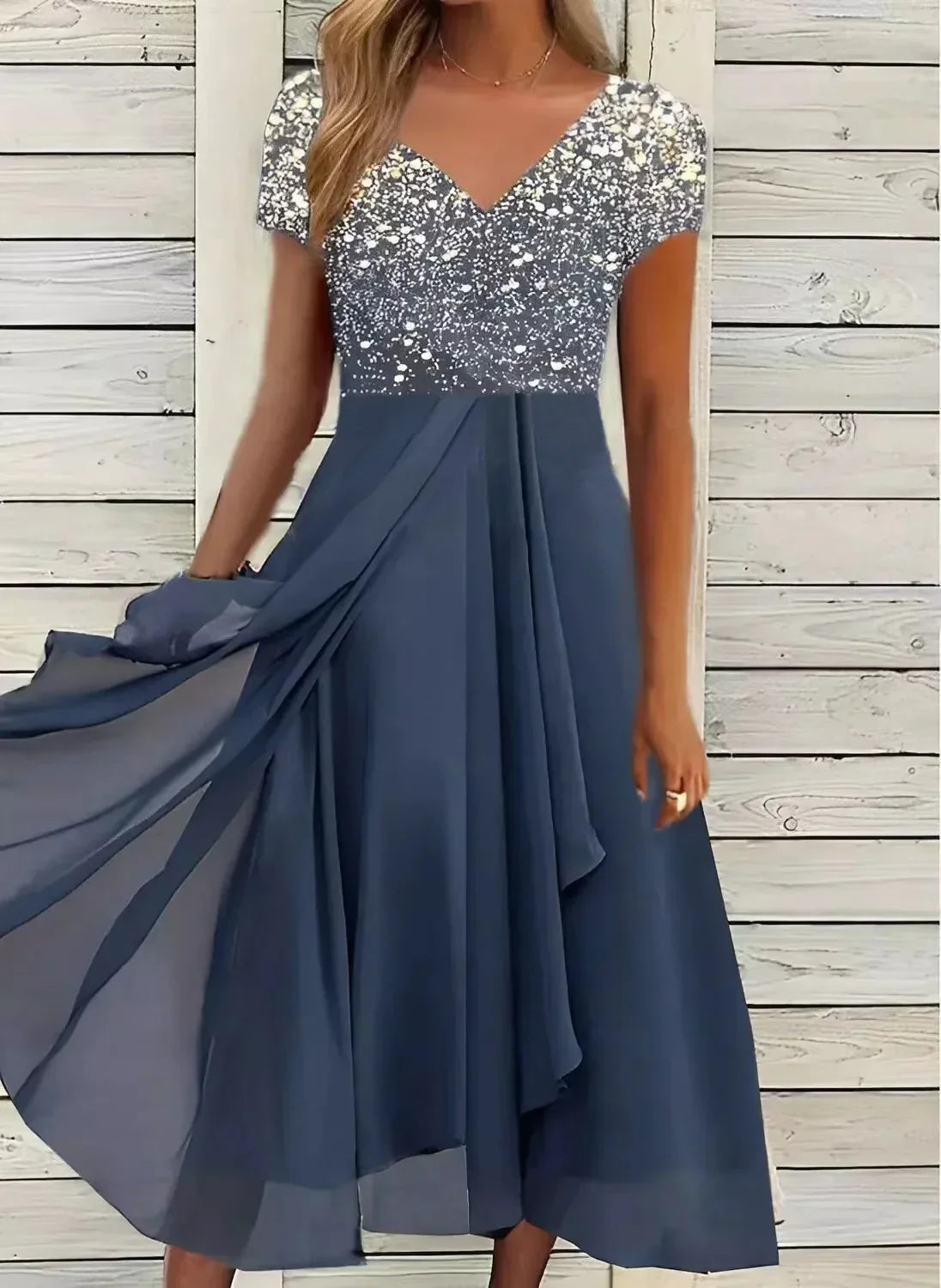 Women's Evening Dress | V-Neck Short Sleeve Sequin Midi
