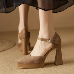 Women's Platform Heels | Rounded Toe Ankle Strap Buckle Block Heel
