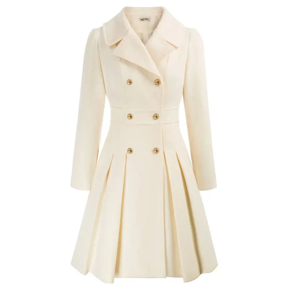 Women's Wool Coat | Double Breasted Notched Lapel A-Line Midi