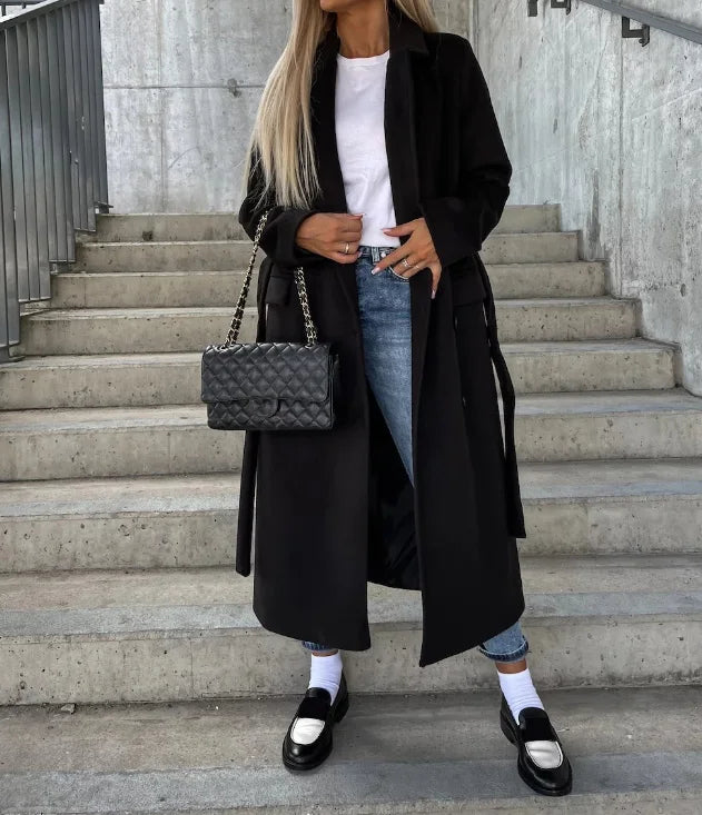 Women's Long Winter Coat | Lapel Collar Button Front Midi Length