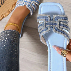 Women's Slide | Open Toe Rhinestone Strap Flat Sole