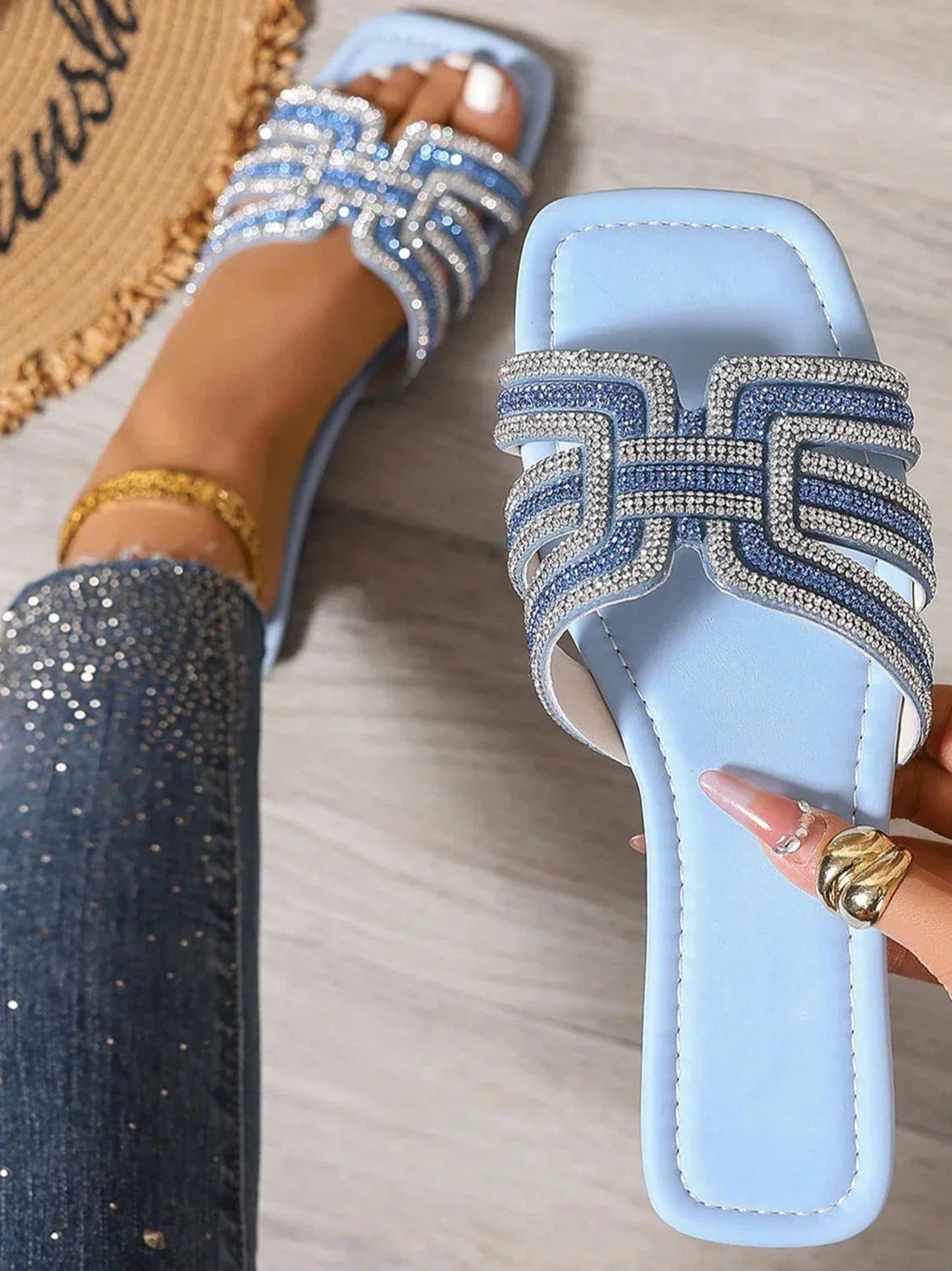 Women's Slide | Open Toe Rhinestone Strap Flat Sole