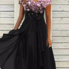 Women's Evening Dress | V-Neck Short Sleeve Sequin Midi